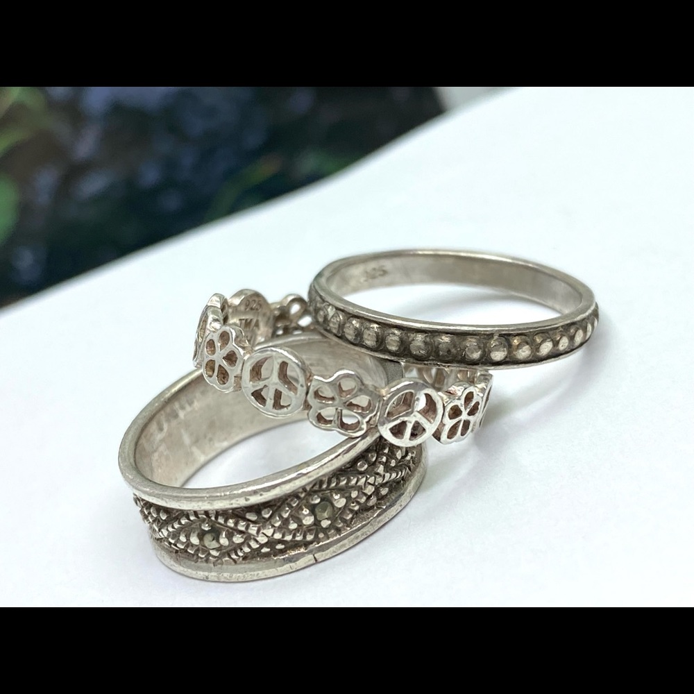 3 of vintage 925 Sterling silver modernity carved band ring size 6 and 6 3-4.